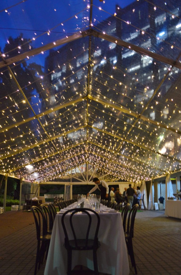 clear marquee with fairy lights