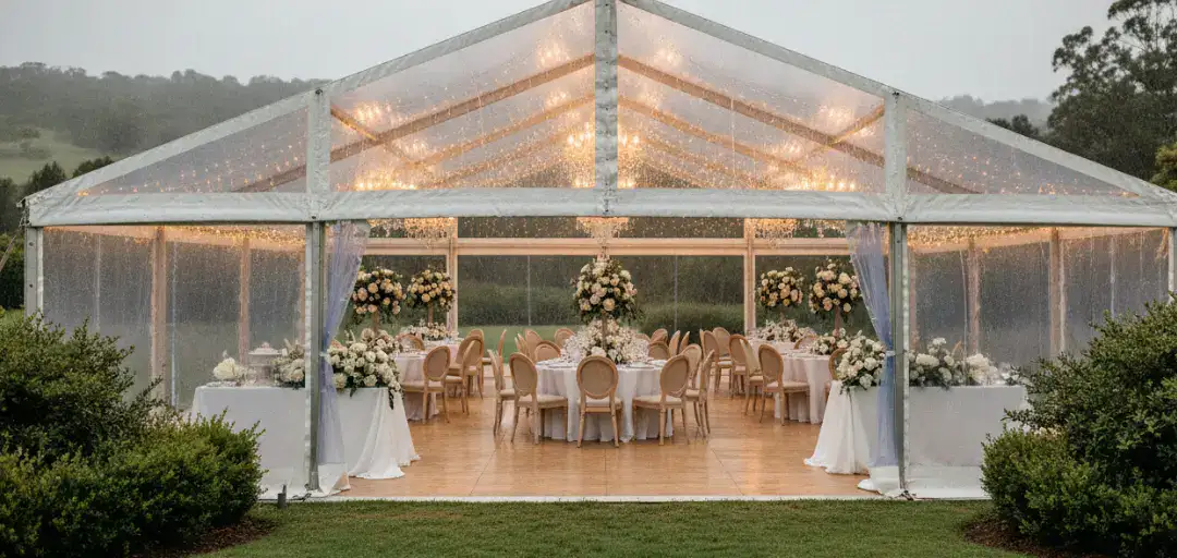 Outdoor wedding marquee in Perth providing elegant rain protection during a wedding reception